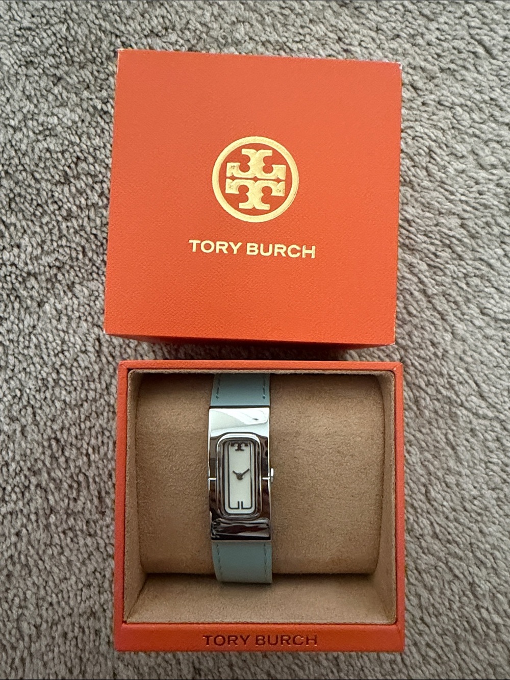 Tory Burch Silver & Light Blue Leather Bangle Watch in Orange Box